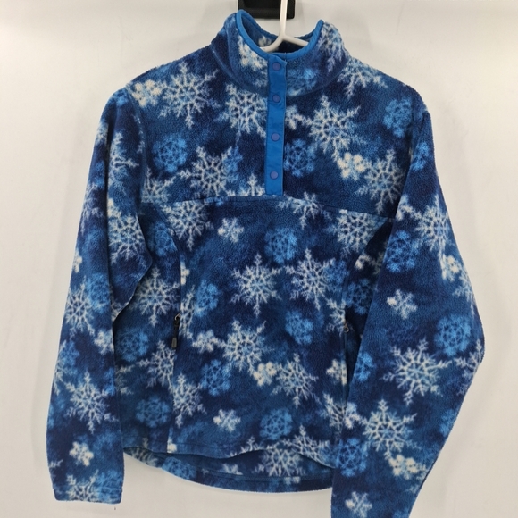 VTG L.L. Bean Sweater Womens Medium‎ Snowflakes Winter Fleece Snap Pullover - Picture 1 of 8